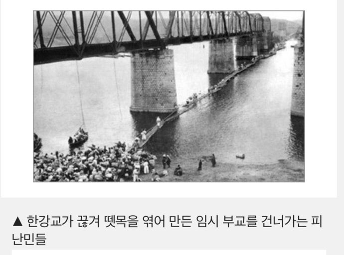 어떤 병신이 만화 보면서 역사랑 정치를 배워요? 한강교는 북한군을 막기 위해 끊은거고 전쟁땐 모든 나라들이 그렇게 합니다... 한강교는 경찰들이 피난민들을 대피시킨 후에 폭파시켜서 민간인 희생자는 없었고 모두 안전하게 임시 부교로 강을 건넜습니다;