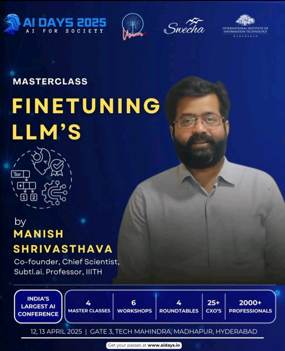 nutanc's tweet photo. If you have to learn how to fine tune LLMs for your use case, you have the best master teaching how at the conference. Either get a good rank and get an admission at IIIT-H and learn or just attend the conference and learn. There can't be a better deal :) https://t.co/PnVKwqP7eG