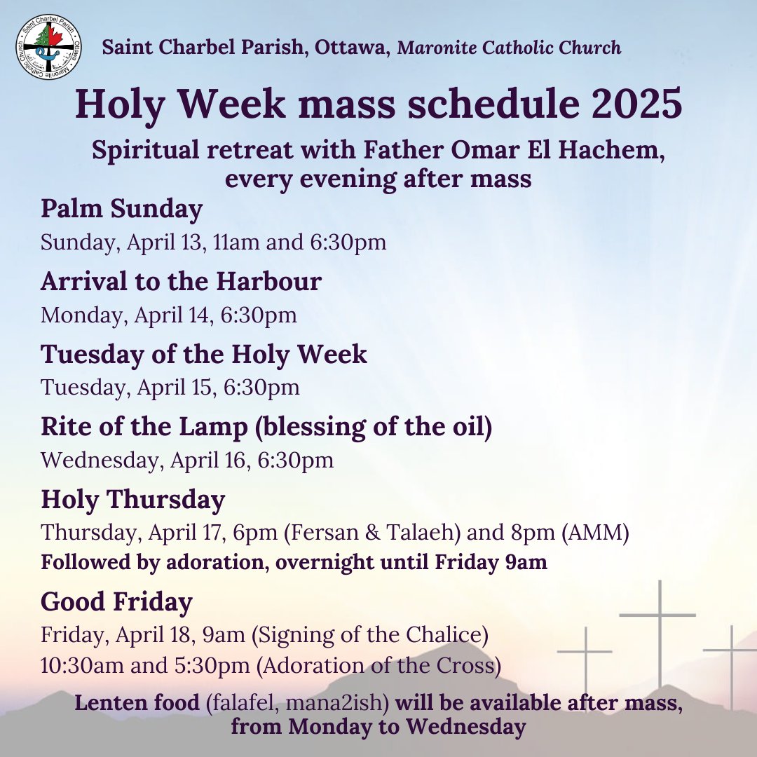 St_Charbel's tweet photo. Here is the #HolyWeek mass schedule from Palm Sunday until Good Friday 🙏
Father Omar El Hachem will be joining us for a spiritual retreat all week, so be sure to stay after mass for #BibleStudy. https://t.co/cpbZuwa3Ot