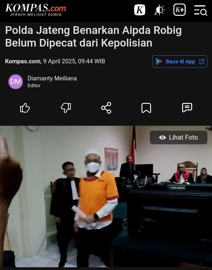 Gaes gaes...
Ternyata pembunuh Gamma hingga detik ini belum di PECAT

Benarkah belum dipecat? Dikutip dari Tribun Jateng, Kabid Humas Polda Jateng, Kombes Pol Artanto mengakui jika Aipda Robig Zaenudin belum dipecat sebagai anggota Polri karena sidang banding kode etik belum