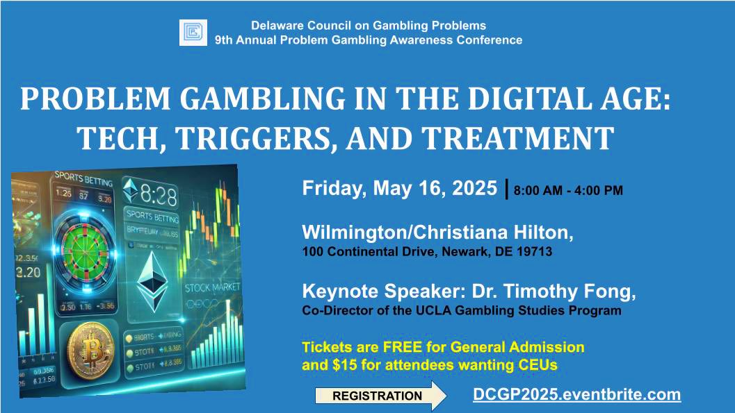 DEGamblingProb's tweet photo. Join us May 16 at the Wilmington/Christiana Hilton for a dynamic day of learning, Problem Gambling in the Digital Age: Tech, Triggers, and Treatment 
Register now: https://t.co/kUJU4Szhja              Free General Admission | $15 for CEU Credit
#problemgambling @NCPGambling https://t.co/JL7ubd6EzD