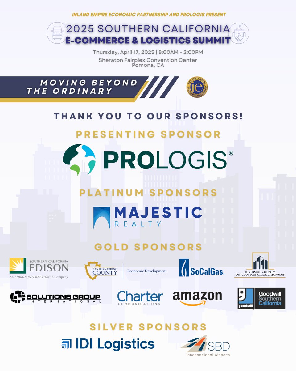 The Inland Empire Economic Partnership extends its gratitude to our sponsors for the 2025 Southern California E-Commerce and Logistics Summit! The Summit is just ONE week away— we hope to see you there 🎟️

Register today with Early Bird pricing at eventbrite.com/e/120379195714…