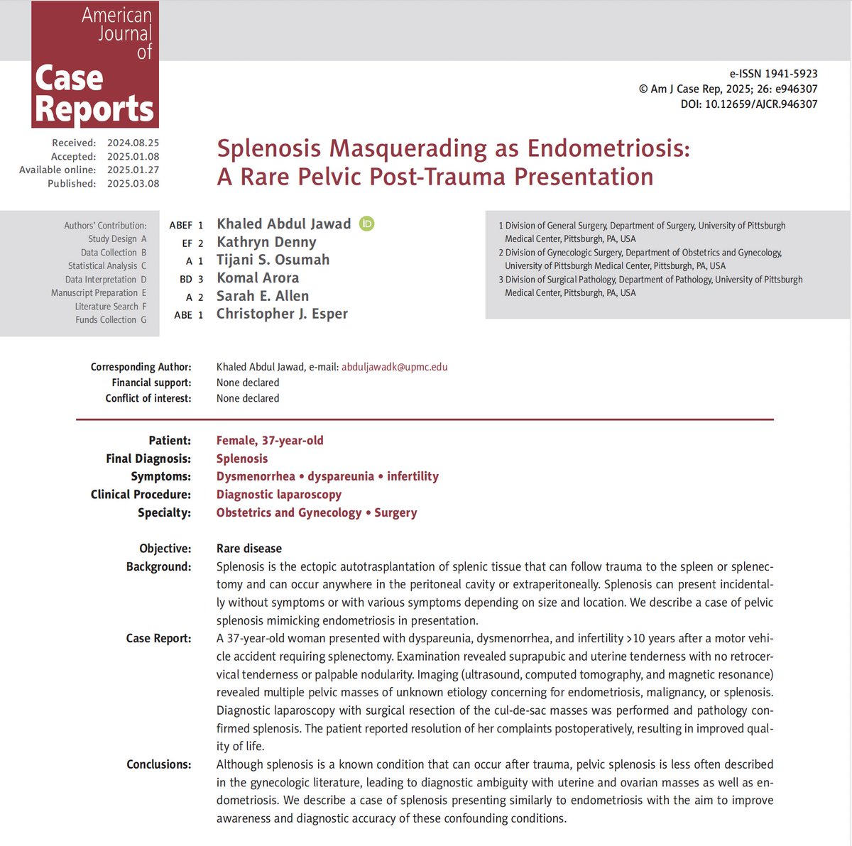 KAbdulJawadMD's tweet image. Excited to share our newly published case report in the @ACGCRJ on #splenosis in a post-trauma #splenectomy patient presenting with gynecologic complaints. Certainly a challenging diagnosis to keep in mind in this #trauma patient population. Link: doi.org/10.12659/AJCR.…