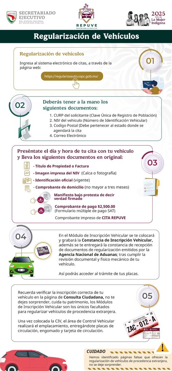 SESNSP's tweet photo. 🚗📋 ¡Regulariza tu vehículo y conduce con certeza jurídica! 📋🚗
Si tienes un vehículo de procedencia extranjera, el programa de Regularización Vehicular del #REPUVE te permite inscribirlo legalmente para que circules con seguridad y tranquilidad.
✅ Beneficios:
 ✔ Evitas problemas legales y multas
 ✔ Obtienes certeza jurídica sobre tu vehículo
 ✔ Contribuyes a la seguridad vial
Consulta el proceso paso a paso en la infografía y cumple con la regularización vehicular. 📄✨
📍 Regístrate en línea para realizar tu cita en: https://t.co/vvjS3qh0tT