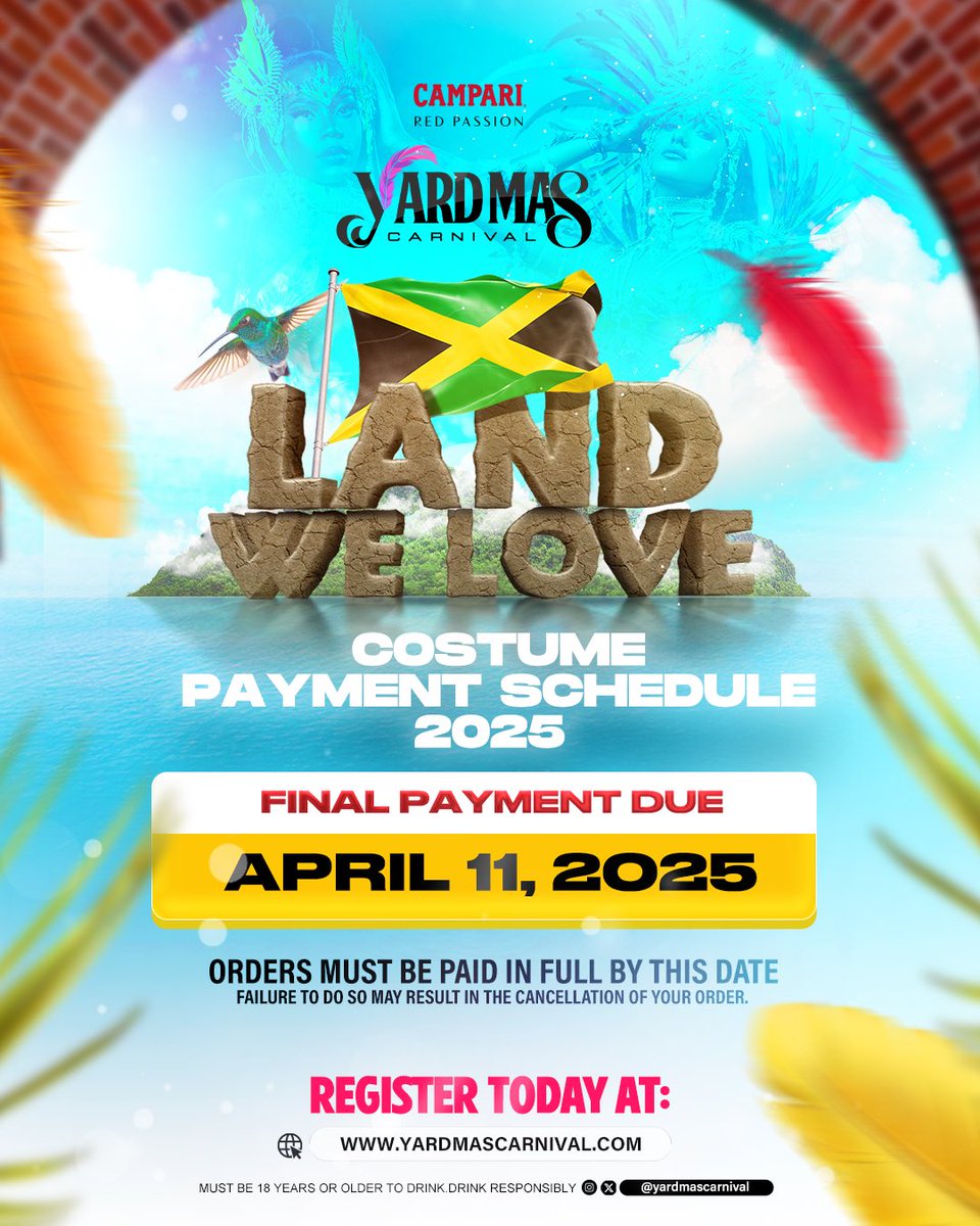 THREE DAYS LEFT! 🚨

Your last chance to make your costume payment for #YardMasCarnival is APRIL 11, 2025.

Register &amp; pay now at yardmascarnival.com

The final stretch to the Land We Love is HERE! Let’s go full speed to the road! 🔥