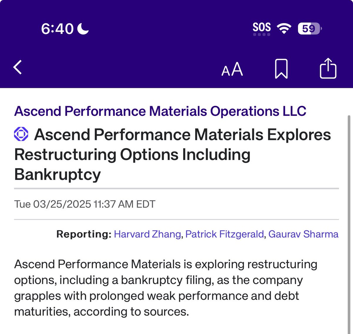 We at <a href="/OctusCredit/">Octus</a> first reported on March 25 that privately-held Ascend Performance Materials is exploring a potential bankruptcy filing, citing sources.