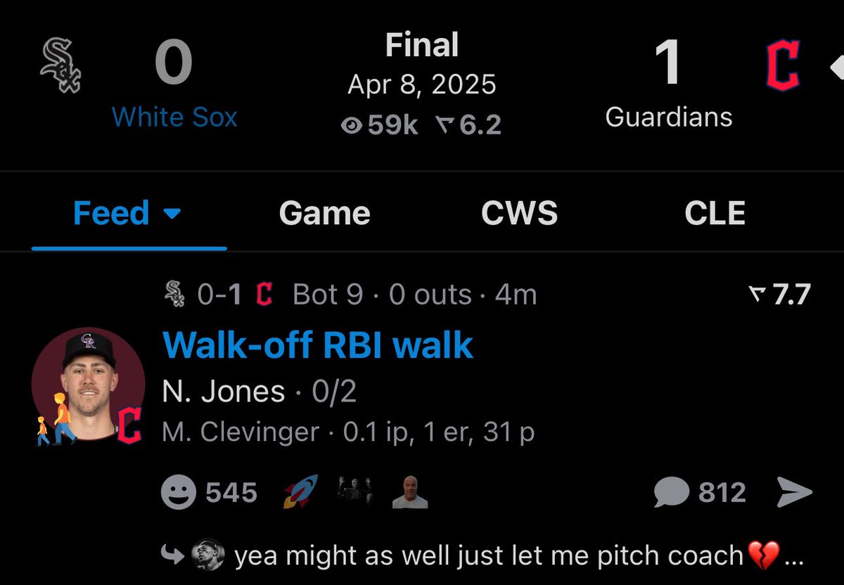 Well White Sox lose to Guardians after 3 straight walks allowed by none other than Mike Clevinger 

Sox fall to 2-8 on the season and the bullpen once again can’t hold a game 

#MLB #WhiteSox #GuardsBall