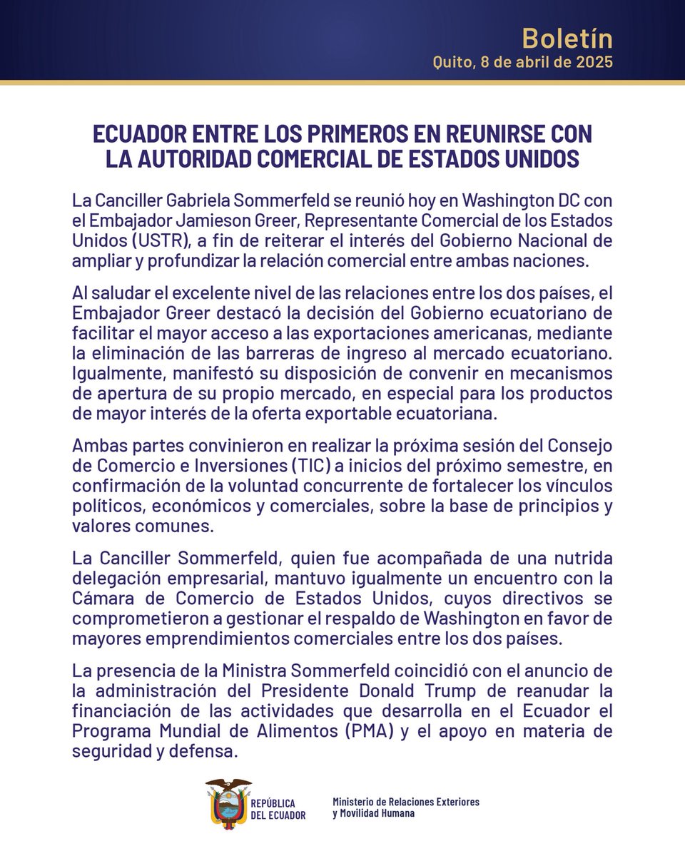 CancilleriaEc's tweet photo. Boletín | Ecuador entre los primeros en reunirse con la autoridad comercial de Estados Unidos. 🇪🇨🇺🇸 https://t.co/ArGbHcbUGQ
