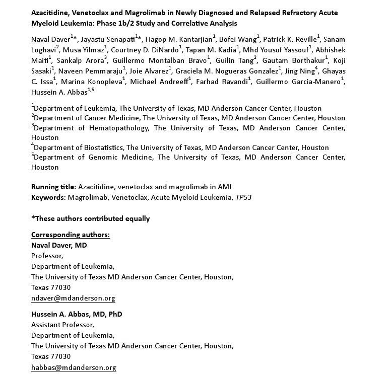 Jayastu Senapati (@jayastumd) on Twitter photo ➡️ Excited to share the phase 1b/2 clin trial of Aza-Ven-Magro in ND high-risk & R/R AML from <a href="/MDAndersonNews/">MD Anderson Cancer Center</a> led by <a href="/Daver_Leukemia/">Naval Daver, M.D.</a>, just out in <a href="/CCR_AACR/">Clinical Cancer Research</a>
✅ Interesting correlative analysis by <a href="/HusseinAbbasLab/">Hussein Abbas</a> interrogating mech of Magro resistance in TP53-mut AML
✅Despite ➡️ Excited to share the phase 1b/2 clin trial of Aza-Ven-Magro in ND high-risk & R/R AML from <a href="/MDAndersonNews/">MD Anderson Cancer Center</a> led by <a href="/Daver_Leukemia/">Naval Daver, M.D.</a>, just out in <a href="/CCR_AACR/">Clinical Cancer Research</a>
✅ Interesting correlative analysis by <a href="/HusseinAbbasLab/">Hussein Abbas</a> interrogating mech of Magro resistance in TP53-mut AML
✅Despite