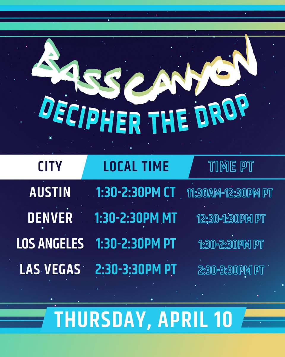 Bass Canyon fam, it’s time to Decipher the Drop 🔍

We’ve put together a series of scavenger hunts across 8 cities this Wednesday and Thursday that will reveal the first pieces of this year’s Bass Canyon lineup drop!

Before each scavenger hunt begins, we’ll drop Bass Coordinates