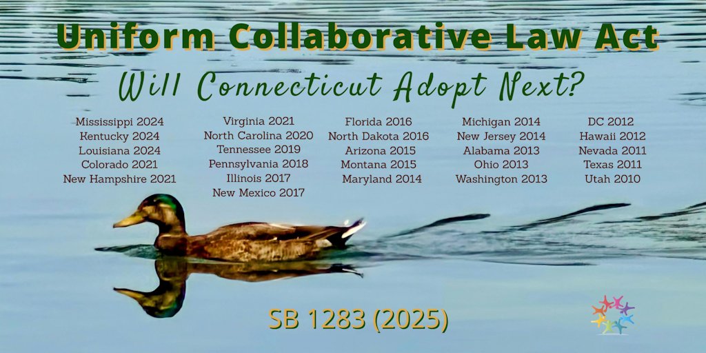 SCL_Collaborate's tweet photo. On April 7, 2025, the Connecticut Joint Committee on the Judiciary voted unanimously (41 Yea, 0 Nay) “Joint Favorable” for the Connecticut General Assembly to take up and consider passing SB 1283, “An Act Concerning the Adoption of the Connecticut Uniform Collaborative Law Act.” The Act was filed today, April 8, 2025, with the Legislative Commissioners’ Office.

The vote follows a public hearing held March 3, 2025, at which the Joint Committee heard extensive testimony and received and considered written testimony and other materials.

If adopted, the Act takes effect October 1, 2025.

The Connecticut Leadership, including Ceci Maher, Melissa E. Osborne, Steven Stafstrom, Bob Duff, Matthew Ritter, and witnesses, including Mark Soboslai and Elizabeth S. Thayer Ph.D., deserve recognition for their efforts.

Members of the CCDG: Connecticut Collaborative Divorce Group and CCND: Connecticut Council for Non-Adversarial Divorce who, for many years, have championed the Collaborative Process for dispute resolution - thank you for your leadership.

Thanks, too, to the Uniform Law Commission, the ABA Section of Dispute Resolution, and to many Collaborative law leaders (including Kristen Blankley, Robert Merlin, Lawrence R. Maxwell, Jr.) who have continued spreading the word about the Collaborative Process and have promoted adoption of the Act.
