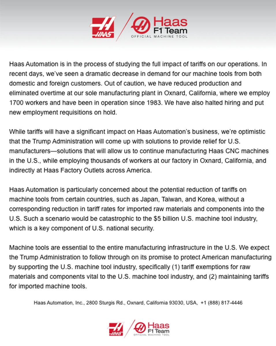 Haas Automation Statement Regarding Tariffs