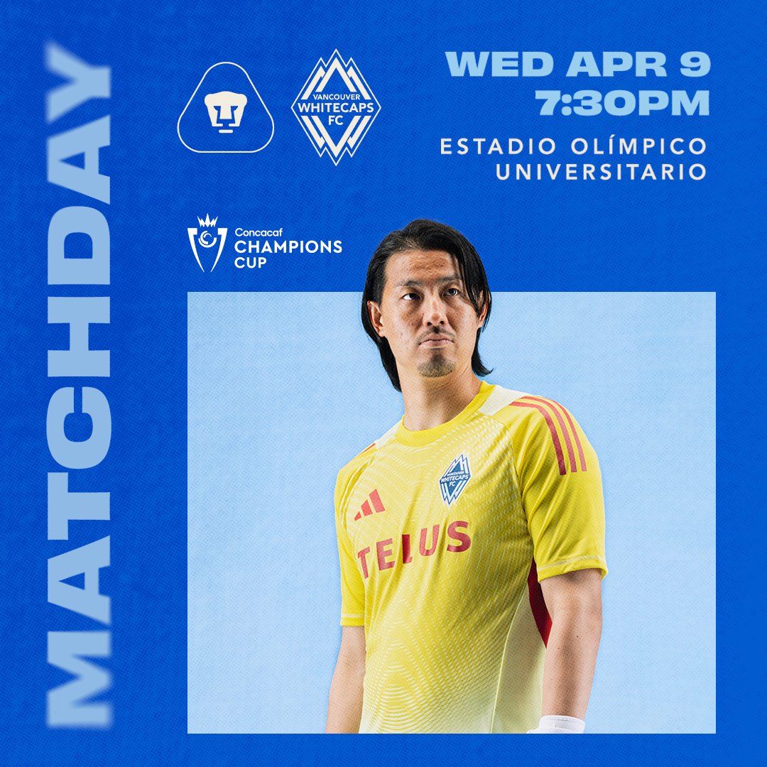 WhitecapsFC's tweet photo. 🏆 𝑪𝒉𝒂𝒎𝒑𝒊𝒐𝒏𝒔 𝑪𝒖𝒑 𝑴𝒂𝒕𝒄𝒉𝒅𝒂𝒚 🏆

🏆 @TheChampions Quarterfinal Leg 2
🆚 @PumasMX
⏱️ 7:30pm
🏟️ Estadio Olímpico Universitario
📺 @OneSoccer, FuboTV, &amp; @TELUS ch.980 

#VWFC | #ConcaChampions