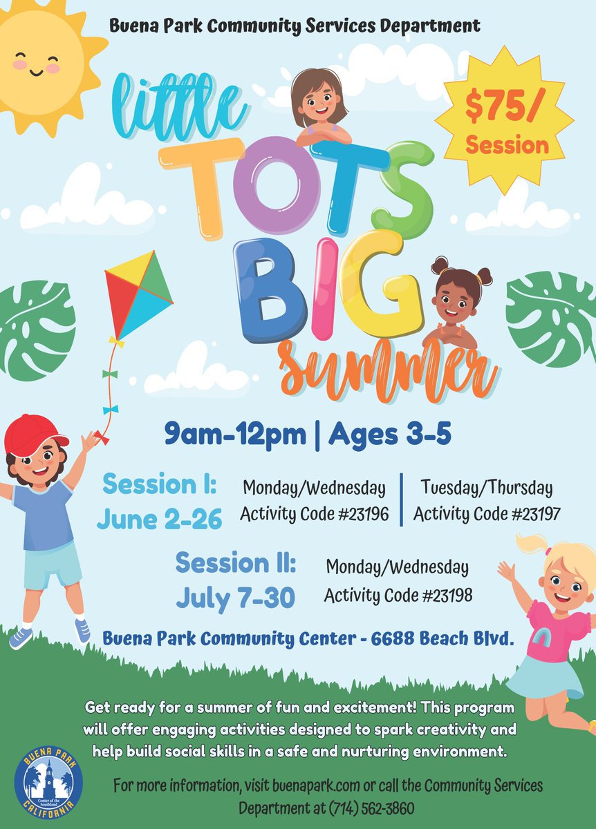 ☀ Little Tots, Big Summer is the perfect program for children ages 3-5. Registration is open April 14 – sign up your little one to join us for a summer to remember! Details on this exciting program can be found at buenapark.com.