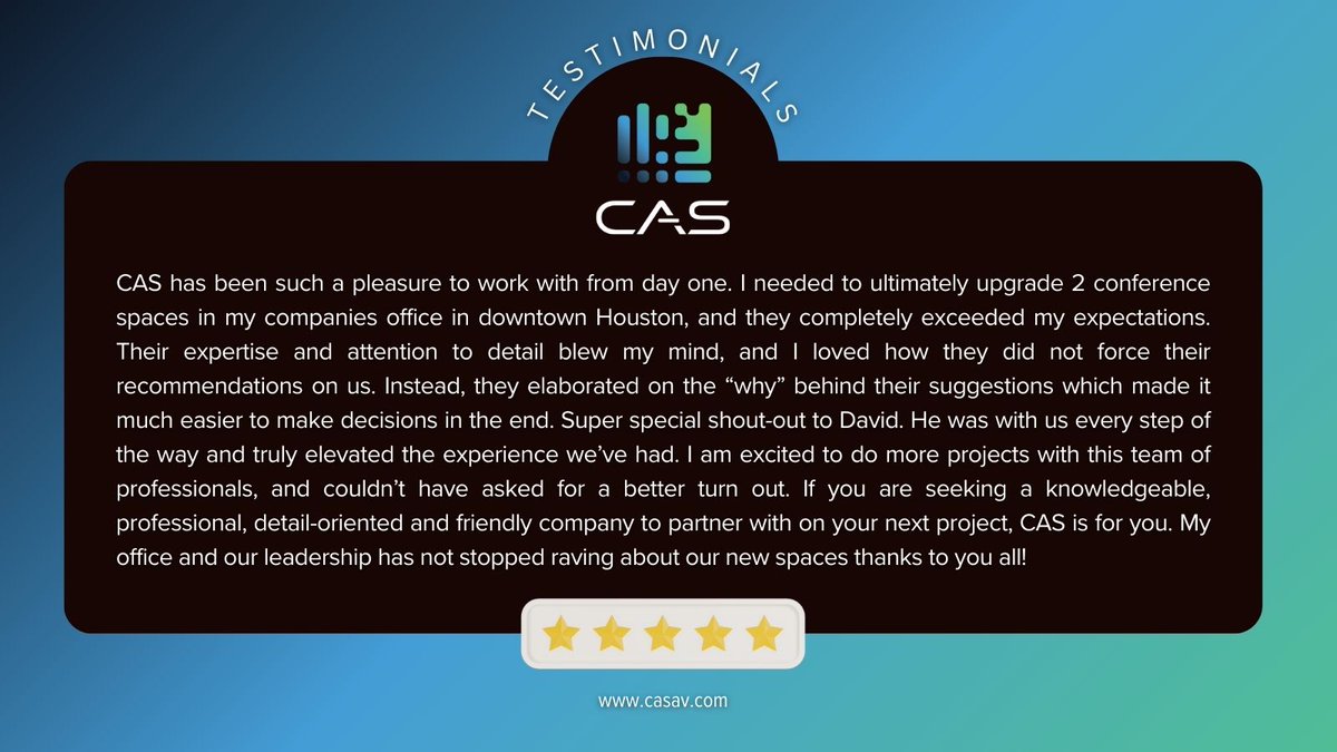 thecasusa's tweet photo. Why choose CAS? Our clients answer it best! ⭐⭐⭐⭐⭐ We’re grateful for the trust and support, and are excited to serve YOU next! #TuesdayTestimonial #CASAV #AVsolutions #TechForBusiness https://t.co/xUyhMpizpy