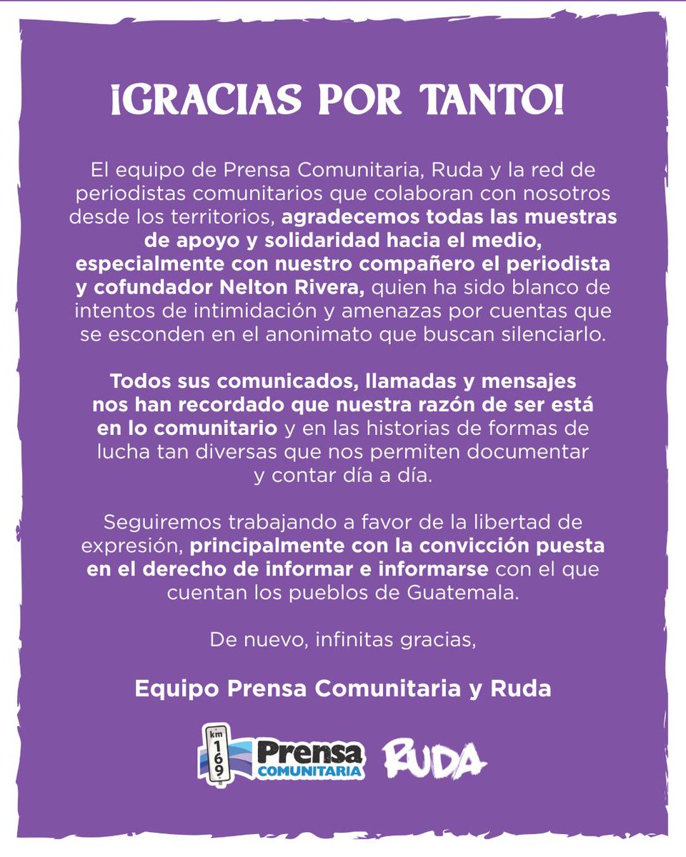 Gracias por tanto 💜

Desde Prensa Comunitaria y Ruda, agradecemos su solidaridad, especialmente con nuestro compañero Nelton Rivera ante los intentos de intimidación y amenazas.
Su apoyo nos recuerda que lo comunitario es nuestra fuerza.

Seguimos firmes. Seguimos contando.