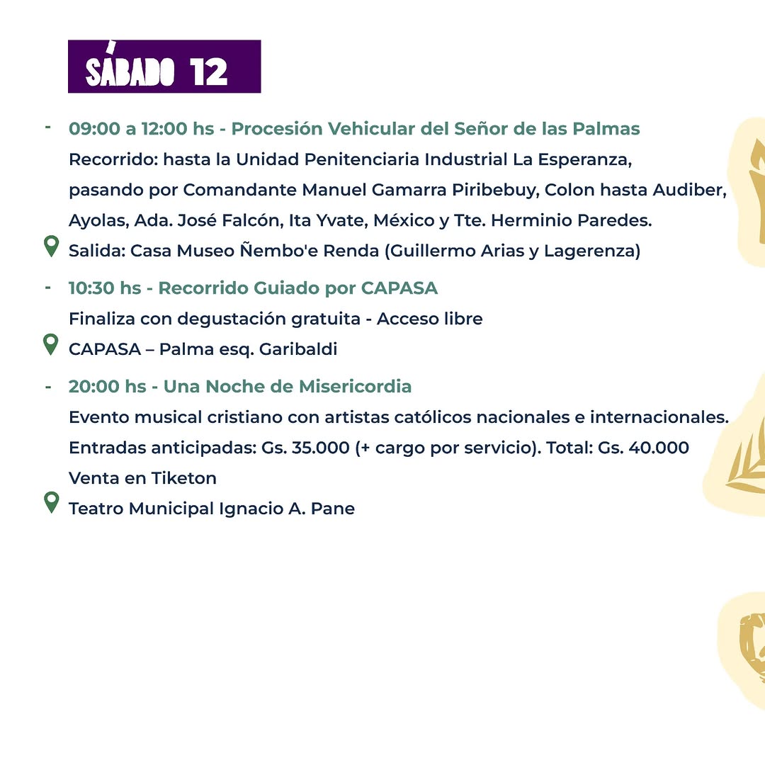 📢 ¡Agenda cultural de #AsuCulturaYTurismo! ✨

🎶 Conciertos y 📚 Actividades previas relacionadas a la Semana Santa,  te esperan para disfrutar lo mejor de la cultura y el turismo en Asunción. 🌟

📍 Consultá la agenda completa y planificá tu semana con nosotros. 🎟️📲 ¡