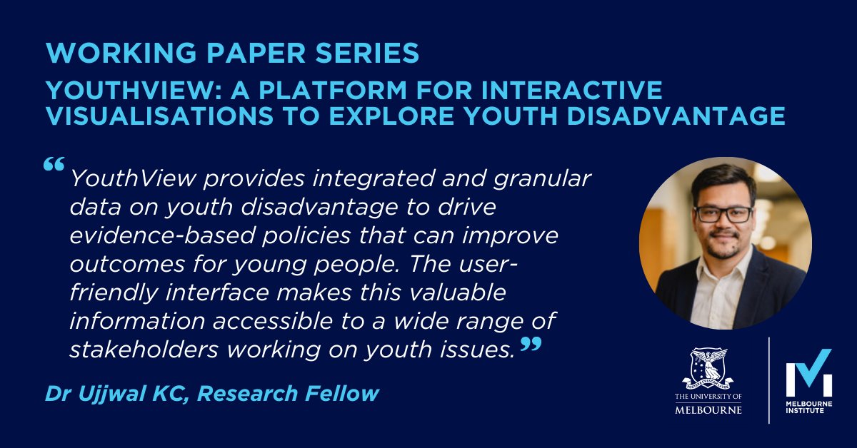 Our latest #WorkingPaper is for those working to improve outcomes for young Australians! 

Dr KC, <a href="/marchand_steeve/">Steeve Marchand</a> &amp; Proff Payne explain YouthView &amp; how to use the tool. 

Thanks to our supporters <a href="/MelbourneLMCF/">Lord Mayor's Charitable Foundation</a> &amp; Paul Ramsay Foundation 💙

Read now → melbourneinstitute.unimelb.edu.au/publications/w…