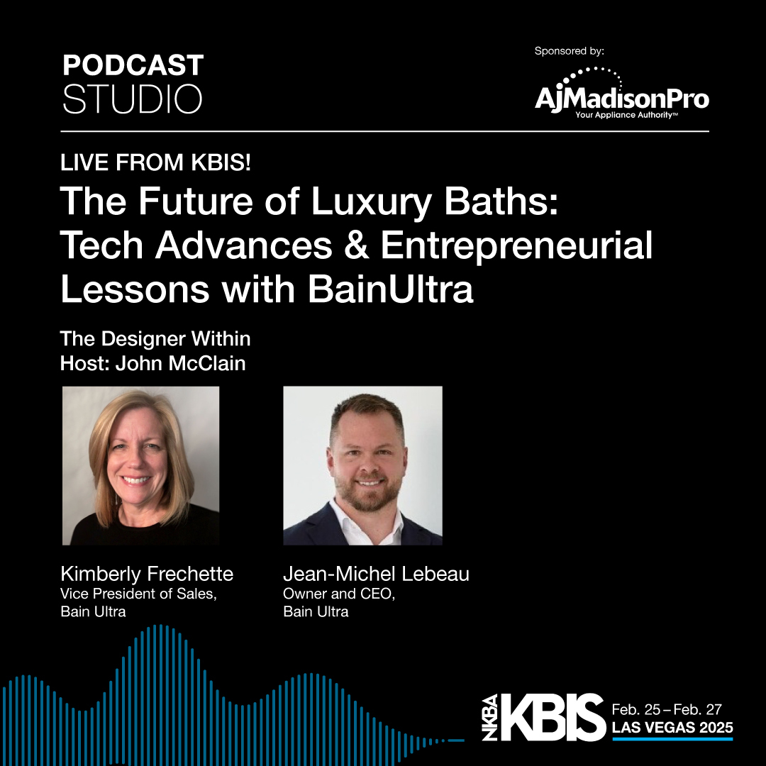 KBIS's tweet photo. John McClain of The Designer Within spoke with Kimberly Frechette and Jean-Michel Lebeau of BainUltra about the future of luxury baths and the latest tech innovations.

🎧 Tune in now: https://t.co/Swtqz4eW4J 

KBIS Podcast Studio sponsored by: @ajmadison

📸: Emerald/KBIS https://t.co/Cf87uIFe9g