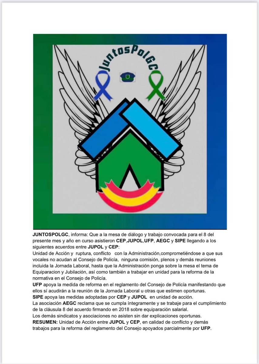 🔴 Avances en la UNIDAD DE ACCIÓN 

📌 Tras la  Mesa de Diálogo del 8 de abril, las Organizaciones refuerzan su coordinación

📅 Próximos pasos: Consolidar la presión conjunta #UniónJuntos 

📃✍️ Adjunto escrito resumen sobre acuerdos Mesa de Diálogo 
#JuntosPolGC