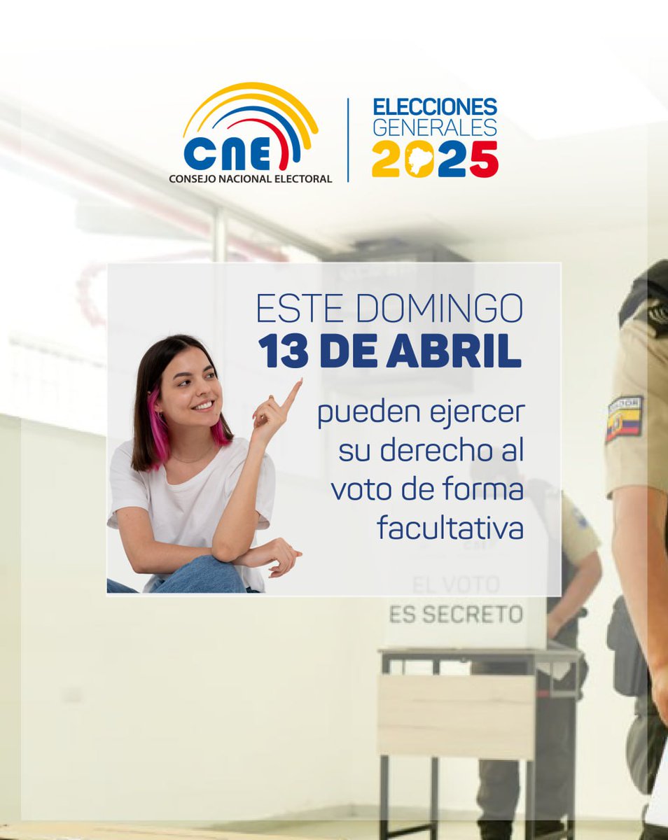 cnenapo's tweet photo. #VotoInformadoEc ✅ | Conoce aquí los detalles de quienes pueden ejercer su derecho al Voto Facultativo en la #SegundaVueltaPresidencial. 🗳️
#VamosTodosXEcuador. 🤝 https://t.co/EJpiJe1upn