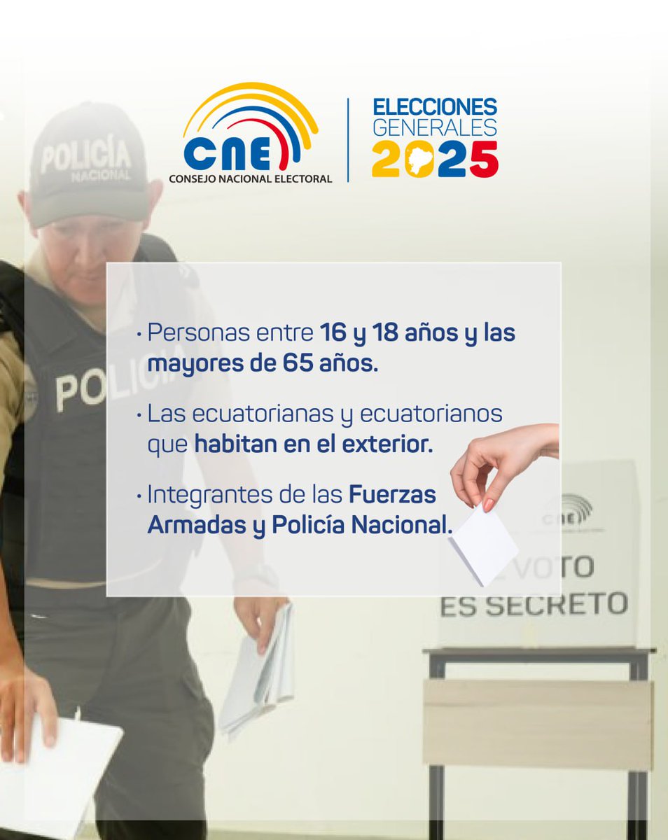 cnenapo's tweet photo. #VotoInformadoEc ✅ | Conoce aquí los detalles de quienes pueden ejercer su derecho al Voto Facultativo en la #SegundaVueltaPresidencial. 🗳️
#VamosTodosXEcuador. 🤝 https://t.co/EJpiJe1upn