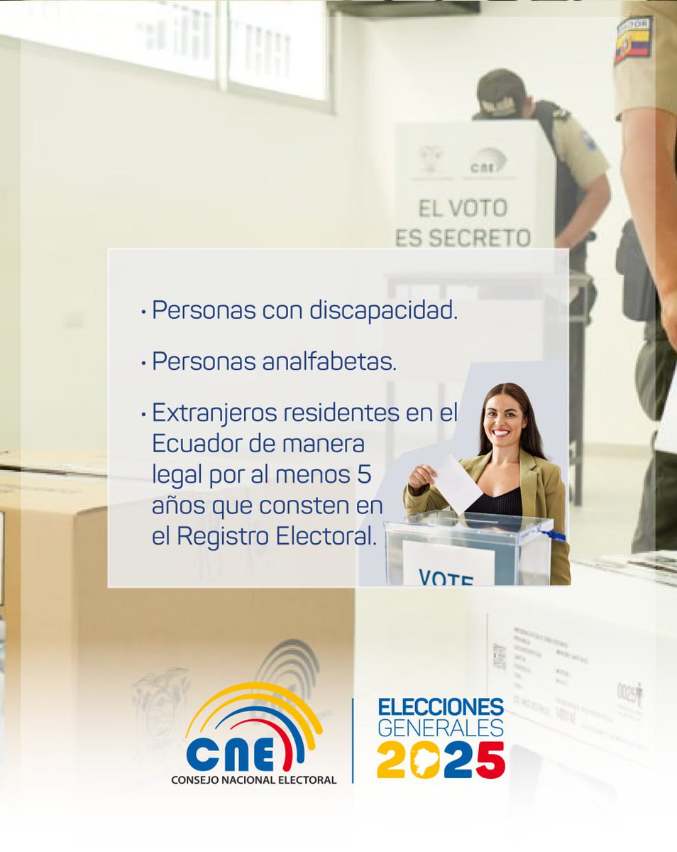cnenapo's tweet photo. #VotoInformadoEc ✅ | Conoce aquí los detalles de quienes pueden ejercer su derecho al Voto Facultativo en la #SegundaVueltaPresidencial. 🗳️
#VamosTodosXEcuador. 🤝 https://t.co/EJpiJe1upn