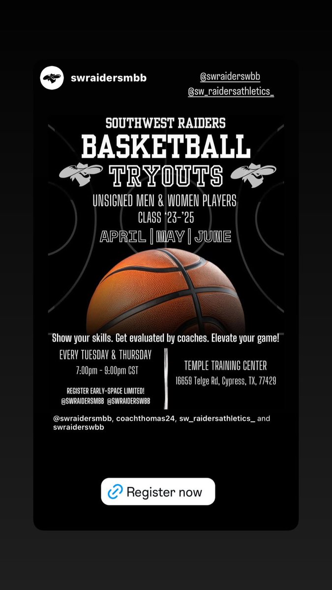 Southwest Raiders Basketball (@swraidersbb) on Twitter photo Hoopers wanted!
Men’s & Women’s Basketball tryouts every Tues/Thurs thru April–June!
Looking for a home? Get evaluated by our coaches today!
Follow us on IG & tap in:
<a href="/CoachMel_Wilson/">Melvin Wilson, Jr.</a> <a href="/ott_consulting/">Ott Sports Consulting, LLC</a>
Form: docs.google.com/forms/d/e/1FAI… Hoopers wanted!
Men’s & Women’s Basketball tryouts every Tues/Thurs thru April–June!
Looking for a home? Get evaluated by our coaches today!
Follow us on IG & tap in:
<a href="/CoachMel_Wilson/">Melvin Wilson, Jr.</a> <a href="/ott_consulting/">Ott Sports Consulting, LLC</a>
Form: docs.google.com/forms/d/e/1FAI…