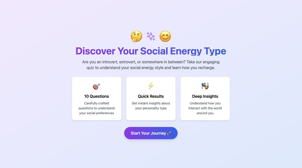 ayushagarwal027's tweet image. Think you’re an introvert? 🤔
Let this AI app reveal the truth 😅🧠
👉 peaceful-monstera-dd782f.netlify.app
Built this with a single prompt using @boltdotnew 🤖✨
#introvert #ai