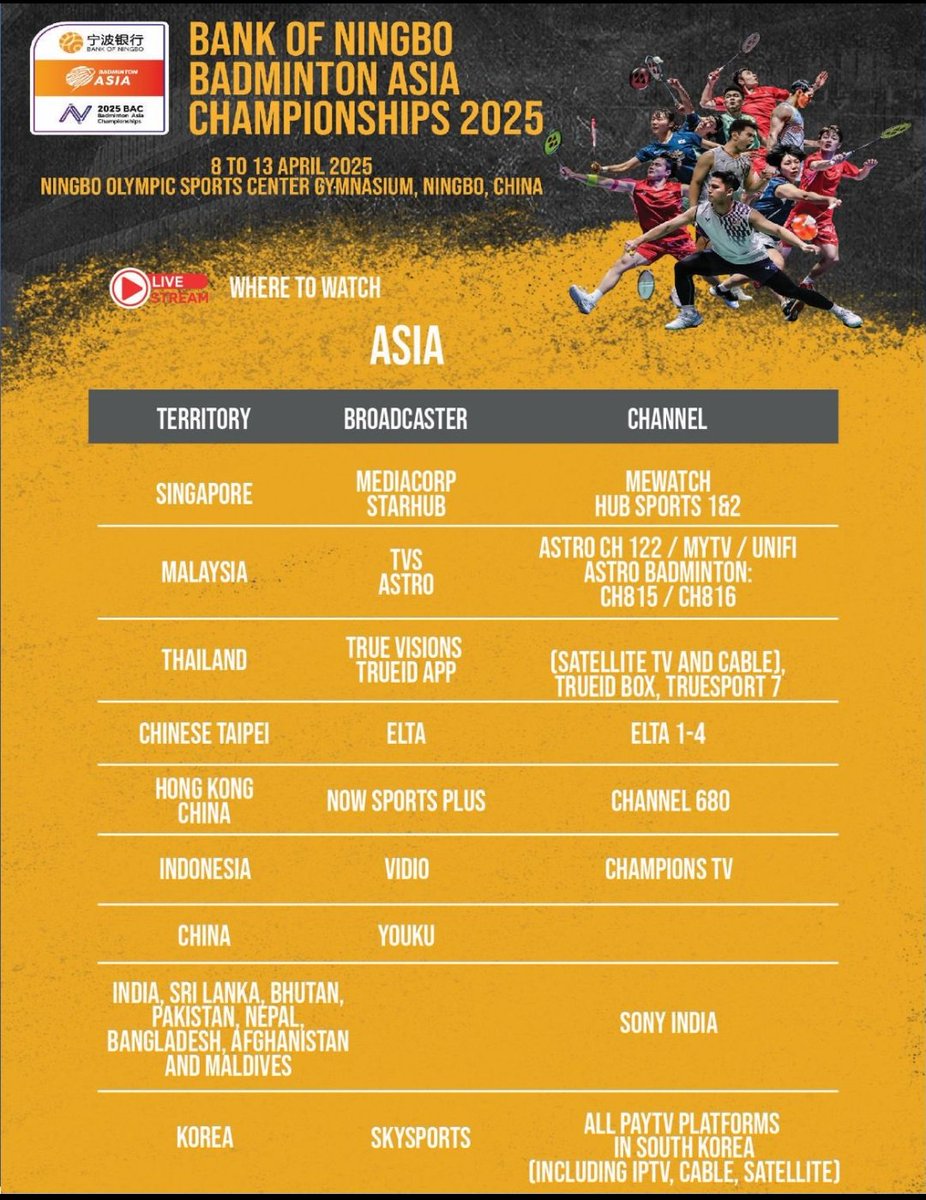 wschooi's tweet image. Badminton Asia Championships 2025, Ningbo, China. 

Live matches also available at Badminton Asia FB page (Note: Geoblock in countries and territories that have the event&apos;s broadcasters)