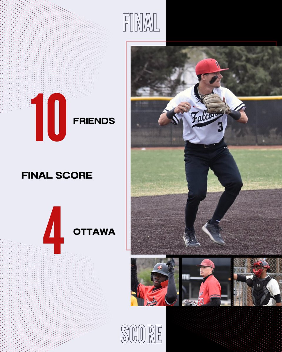 FriendsFalcons's tweet photo. BSB FINAL - Falcons victorious today over the #19 Ottawa Braves, 10-4!
HR: Z. Henson
I. Urriola: 4-5, Double, 3RBIs
B. Socarras: 2-3, Double
Pitching: M. Van Dam: 4.0(IP) - 3Ks, G. Armas - (W)
Falcons will be back in action Friday, April 12th at West Side Athletic Field, against Saint Mary!
Talons up!
#friendsfalcons #talonsup #kcacscores #honorGod