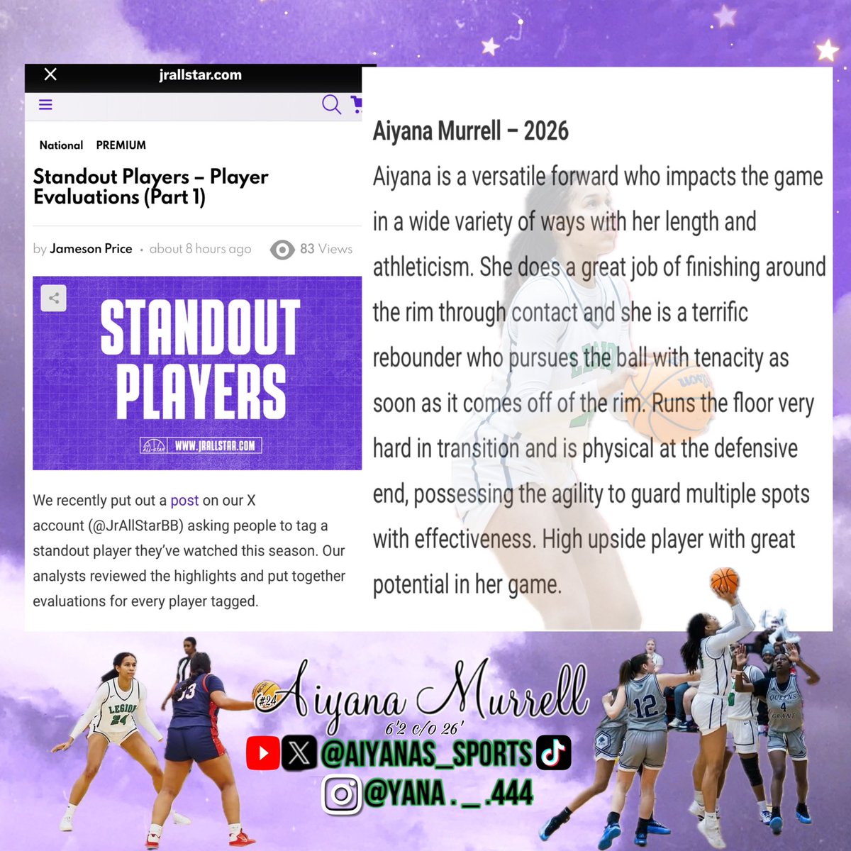 Aiyana Murrell (@aiyanas_sports) on Twitter photo Thanks for the recognition <a href="/PriceJameson1/">Jameson Price</a> & <a href="/JrAllStarBB/">Jr. All-Star Girls Basketball</a> ! Iβm still working & clawing my way to the top πͺπ½
<a href="/CoachJayeDavid/">John David Edwards</a> <a href="/legiongirlsbb/">Lady Lancer Hoops</a> <a href="/PGH_SCarolina/">Prep Girls Hoops South Carolina</a> <a href="/a1hoopsreport/">A1 HOOPS REPORT</a> <a href="/BallHerHoopsCLT/">BallHer coach Holt</a> <a href="/cltmediagroup/">CLT Media Group</a> <a href="/MMBR_CoachGBell/">Major Movez Basketball Review #MMBR</a> <a href="/CghrMedia/">CGHRMedia</a> <a href="/LouatTheState/">Lou Bezjak</a> <a href="/BTNScouting/">BTN Scouting</a> <a href="/EJayArrow/">E J π</a> Thanks for the recognition <a href="/PriceJameson1/">Jameson Price</a> & <a href="/JrAllStarBB/">Jr. All-Star Girls Basketball</a> ! Iβm still working & clawing my way to the top πͺπ½
<a href="/CoachJayeDavid/">John David Edwards</a> <a href="/legiongirlsbb/">Lady Lancer Hoops</a> <a href="/PGH_SCarolina/">Prep Girls Hoops South Carolina</a> <a href="/a1hoopsreport/">A1 HOOPS REPORT</a> <a href="/BallHerHoopsCLT/">BallHer coach Holt</a> <a href="/cltmediagroup/">CLT Media Group</a> <a href="/MMBR_CoachGBell/">Major Movez Basketball Review #MMBR</a> <a href="/CghrMedia/">CGHRMedia</a> <a href="/LouatTheState/">Lou Bezjak</a> <a href="/BTNScouting/">BTN Scouting</a> <a href="/EJayArrow/">E J π</a>