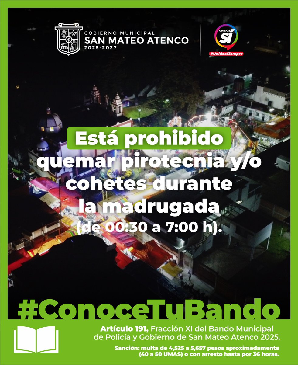 SanMateoAGob's tweet photo. 🧨💥 #EvitaSanciones | En #SanMateoAtenco está prohibido quemar pirotecnia y/o cohetes durante la madrugada (00:30 a 7:00 h)
#ConoceTuBando y evita multas de hasta 5 mil 657 pesos o arresto de 36 horas. 👉🏽 https://t.co/lcDhQFlEuo
@Anaamunizneyra https://t.co/c3VasjvMaV