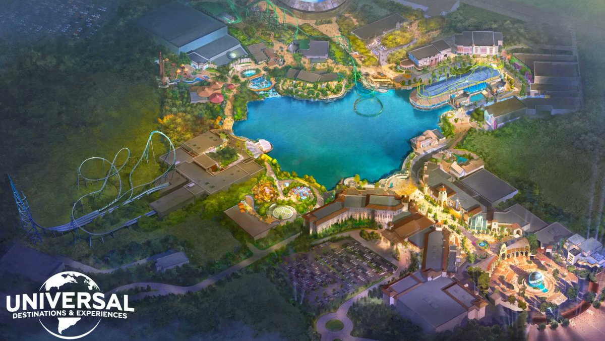 ScottGustin's tweet photo. NEW: Here's a first look at official concept art for the Universal theme park planned for the U.K. The resort is set to open as early as 2031 pending final planning approvals by local government officials. https://t.co/jRzYNk6HDl