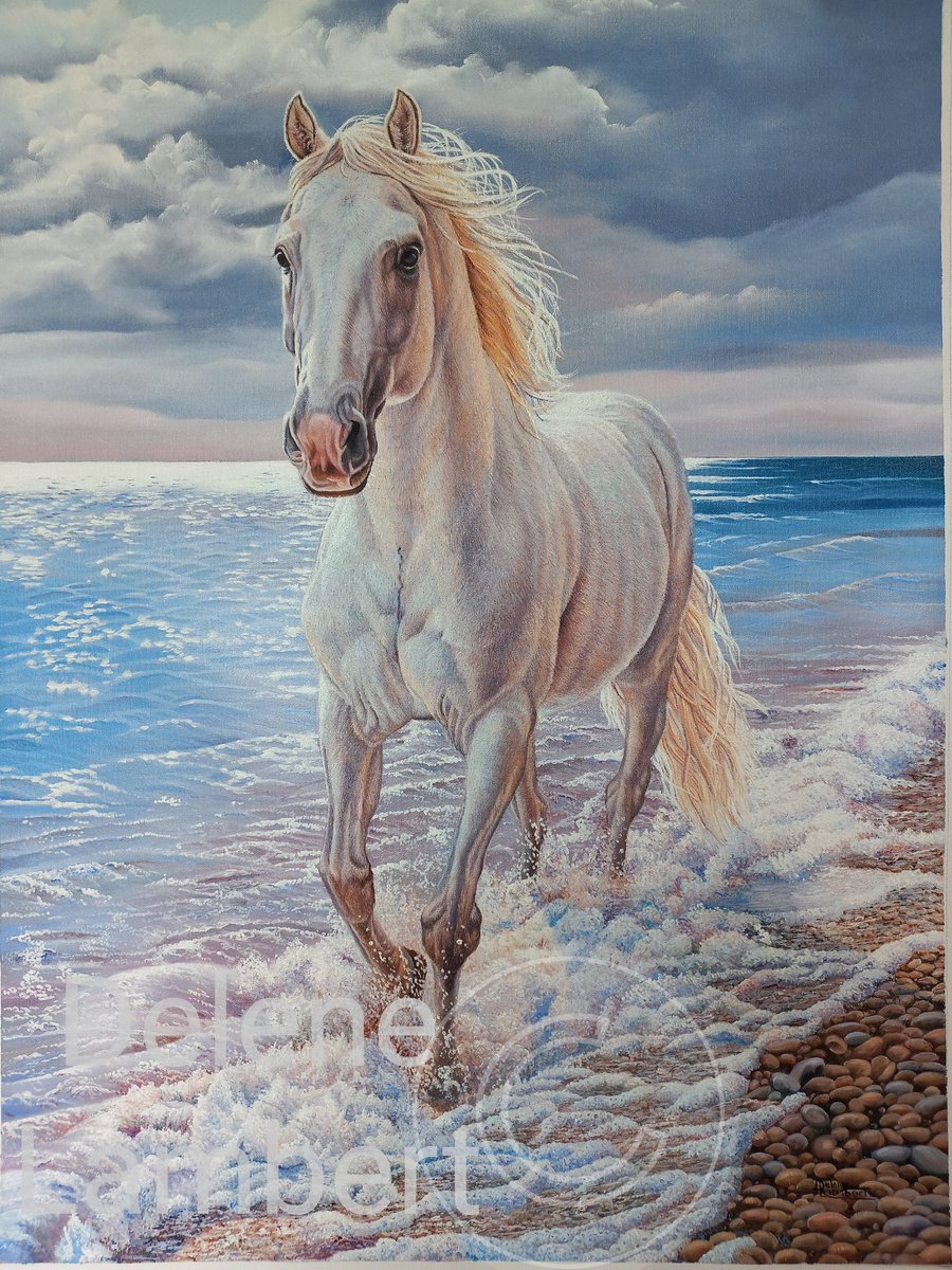 delene_lambert's tweet photo. I asked the horse what his name was and he whispered to me 'They call me The Breeze'. Oil on canvas painting by Delene Lambert measuring 76cm x 56cm (30" x 22"). https://t.co/QvWG7qnpWM