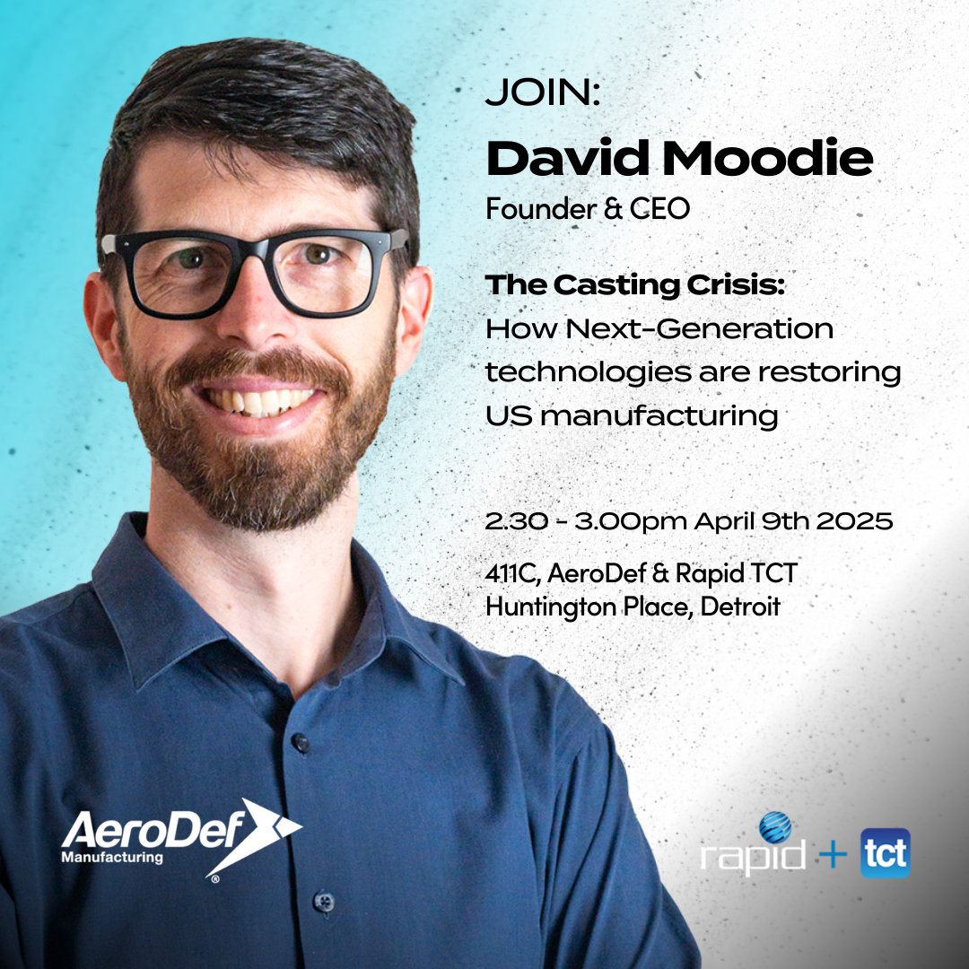 FoundryLab_'s tweet photo. 🔔 Final reminder! @DavidMoodie_ , Founder &amp; CEO of Foundry Lab, hits the stage tomorrow at @AeroDefMfg  to talk about the collapse of U.S. foundries, and what comes next.

⚙️ Digital metal casting
🛠️ In-house part production
🇺🇸 Resilient supply chains
#AeroDef2025 #rapidtct25 https://t.co/6PD11CbOBF