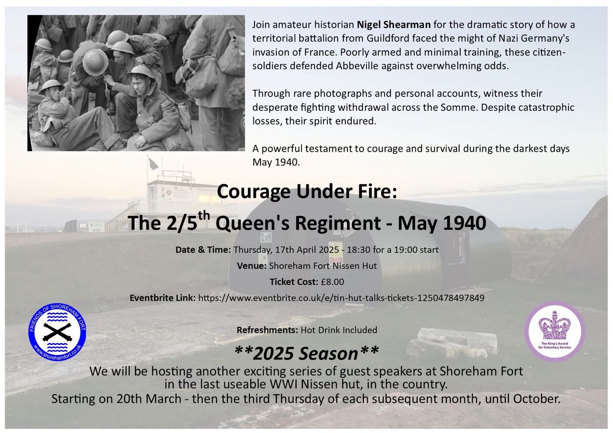 Join amateur historian Nigel Shearman for the dramatic story of a territorial battalion facing Nazi Germany. 
Through rare photographs and accounts, witness a powerful testament to courage and survival during the darkest days
May 1940.

Eventbrite Link: eventbrite.co.uk/e/tin-hut-talk…