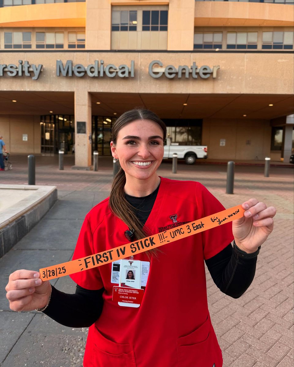 TTUHSC's tweet photo. “better late than never ;) first IV at my last clinical!!!” Chloe, a nursing student in Lubbock, was excited about her #FirstIV start! For @TTUHSCSON students, it’s something of a tradition to pose for a photo with the tourniquet from their first IV start or blood draw. https://t.co/3qjJbWuOyB