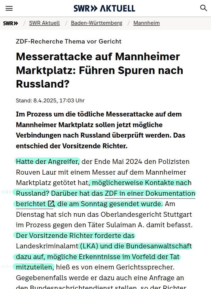 ZDF hat es tatsächlich geschafft, mit seiner dilettantischen Schwurbelscheisse in den Prozess reinzupfuschen.

Da wird der Mord an einem Polizeibeamten verhandelt.