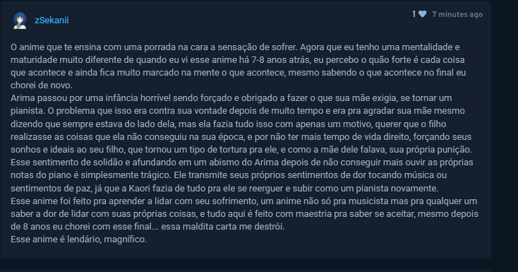 Reassisti Shigatsu wa Kimi no Uso depois de 8 anos e esse anime é simplesmente brutal e perfeito. Sempre quis reassistir nessa época de abril e sempre esquecia, comentei um pouco sobre também (tem spoilers pra quem não assistiu)
Quem não assistiu, recomendo muito