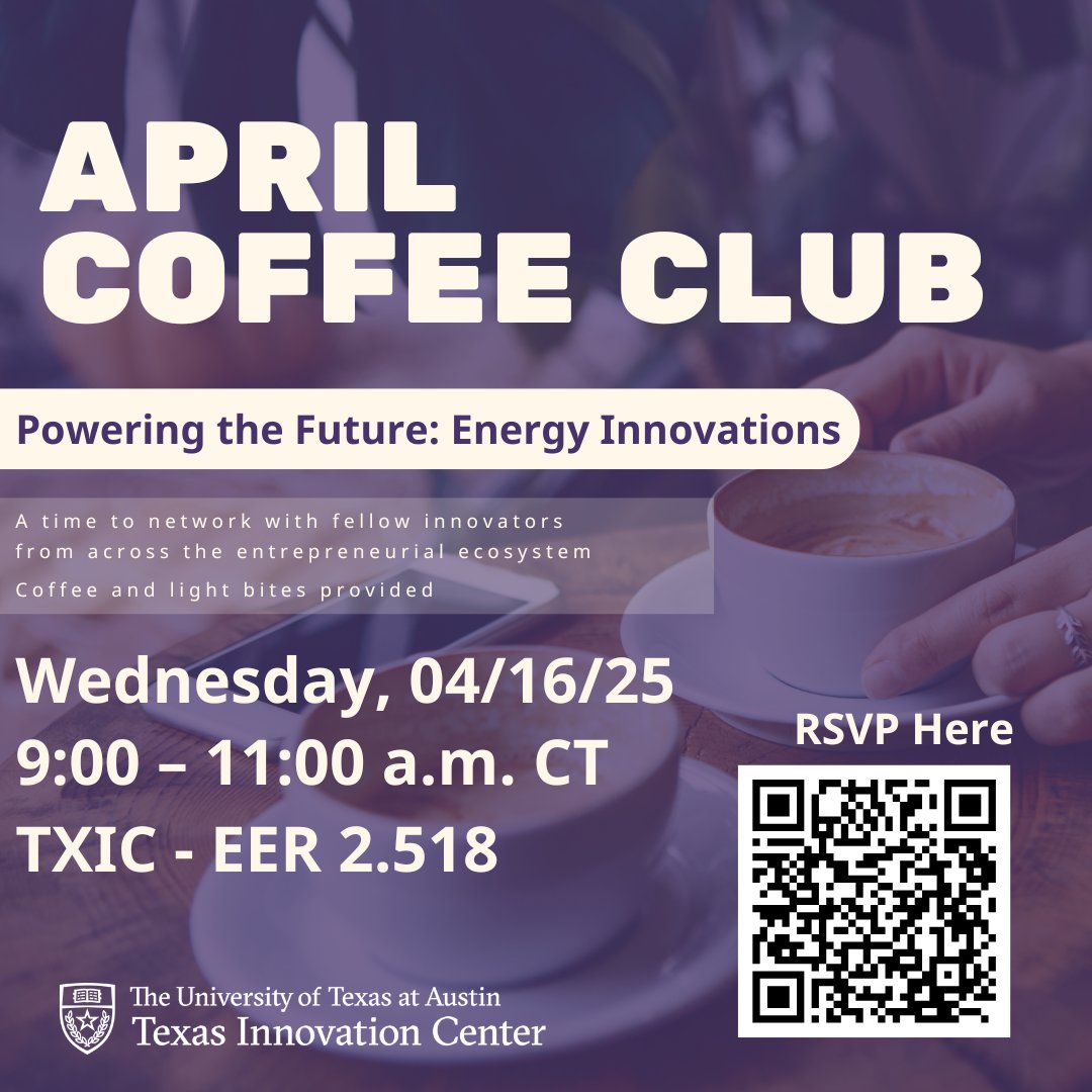 TexasInnoCenter's tweet image. April Coffee Club Alert!
Join us Wednesday, April 16 from 9 AM – 11 AM for your morning boost ☕️
📍 EER 2.518 – Texas Innovation Center
Network, sip, repeat.
🔗 RSVP: utexas.qualtrics.com/jfe/form/SV_eK…
#CoffeeClub #UTAustin