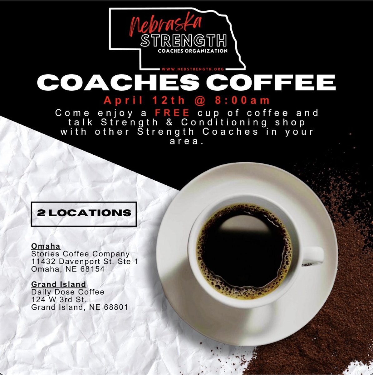 NebStrength's tweet image. Don’t forget to join us this upcoming Saturday morning for a little coaches coffee and fellowship! 💪🏼
Offering opportunities in two different locations… pick the one closest to you!
Omaha for those of you in Eastern Nebraska and Grand Island for you Central Nebraska folks!
