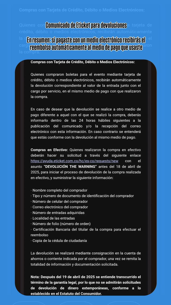 TheWarning_Col's tweet image. Comunicado de Eticket para las devoluciones @TheWarningBand2