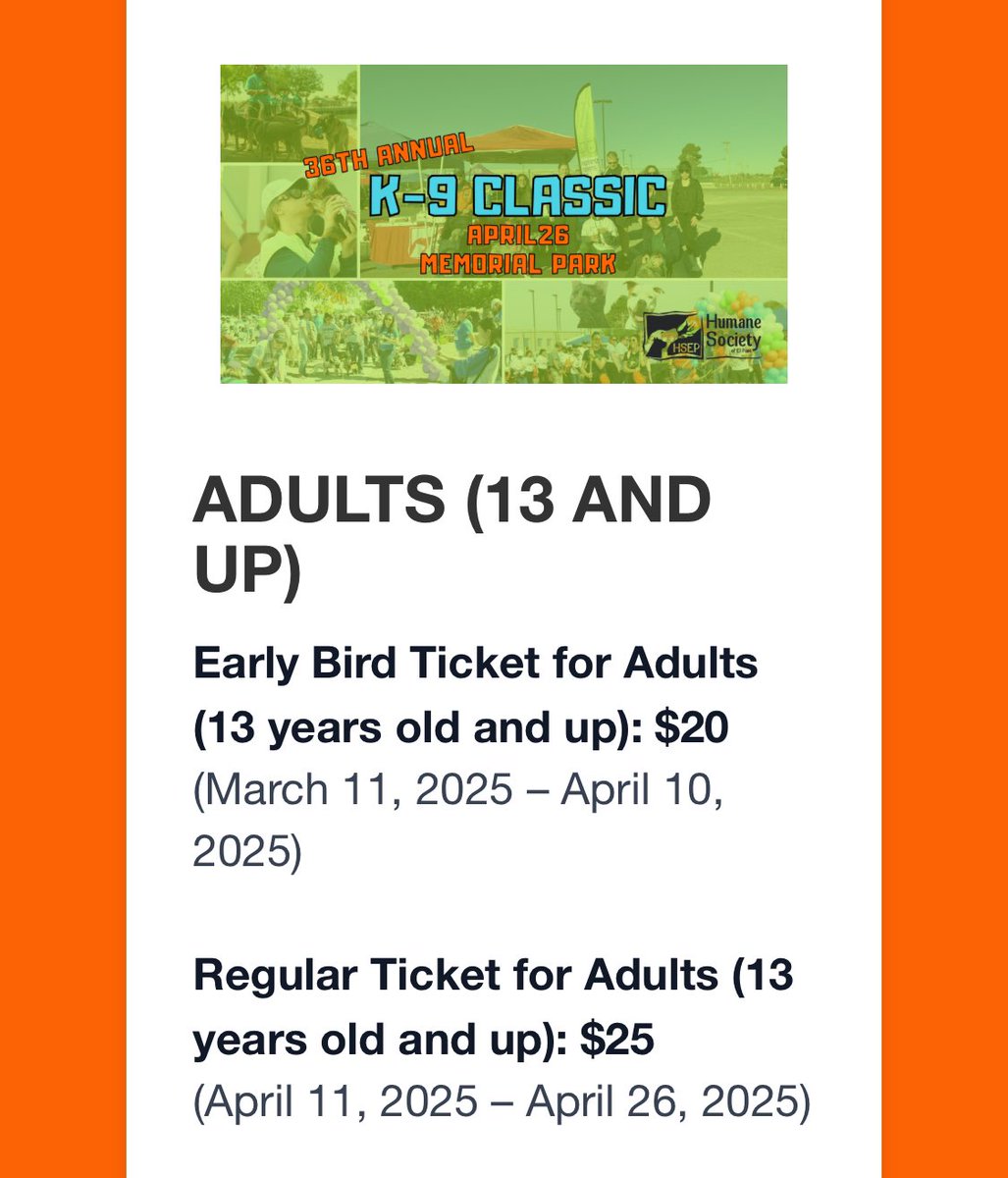 To my El Paso friends who love dogs, supporting charities &amp; love a walk please sign up to the 36th annual K-9 classic at Memorial Park Apr 26 at 9am. It's a great event for a cause close to my heart as the President of this shelter🐶 <a href="/humanesocietyep/">Humane Society of El Paso</a> 

app.elevatedfundraising.com/enroll/product…