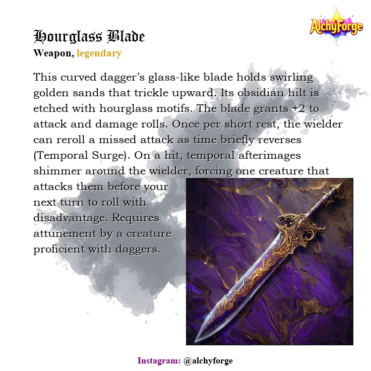 ⚔️ Hourglass Blade Revealed!

This dagger bends time with every strike—perfect for your next battle!

#dnd #dnd5e #ttrpg #dungeonsanddragons #maps #dndmap #dndart #DnD
