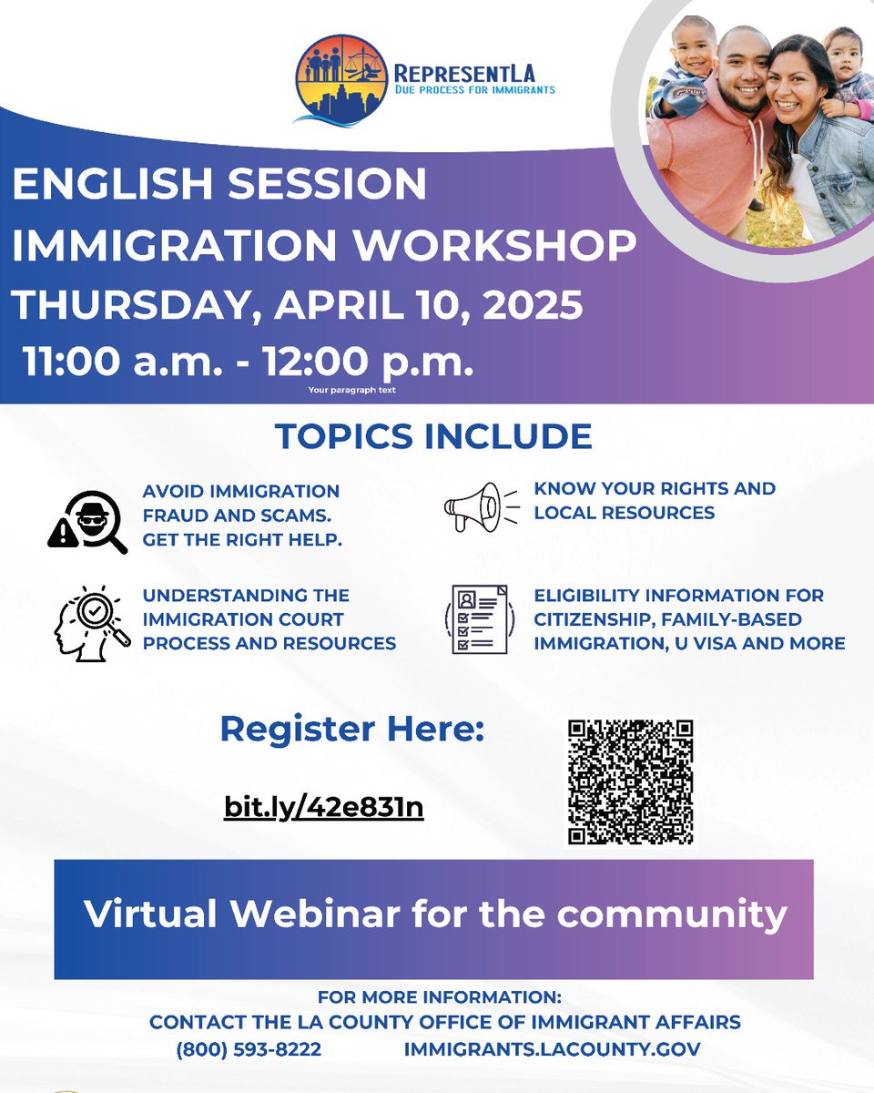 LACountyDCBA's tweet photo. ⚠️Know Your Rights! Our English immigration webinar will be on Thursday, April 10.

Topics include:
• Knowing Your Rights
• Immigration court process
• Avoiding immigration fraud and scams
• Status types and eligibility pathways

Register at https://t.co/uMOuASw9Yw. https://t.co/15zrMpLFnz