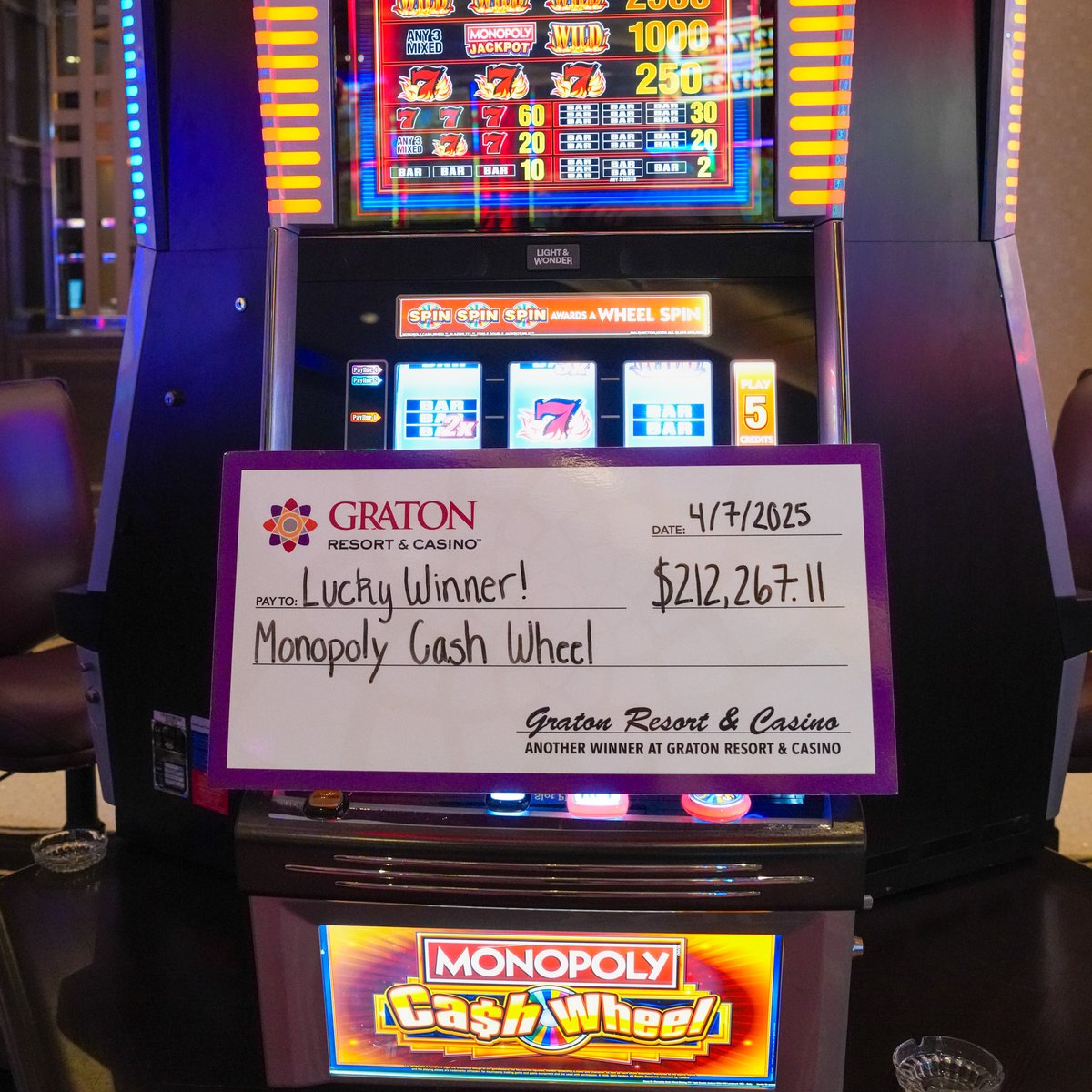 playgraton's tweet photo. A jackpot too good not to post 😍 Congratulations to the lucky guest that took home $212,267.11 yesterday on Monopoly Cash Wheel!
📍 Located by the Poker Room
#jackpot #graton #gratoncasino #playgraton #monopoly #gaming #slots https://t.co/M0kEZRnJ0b
