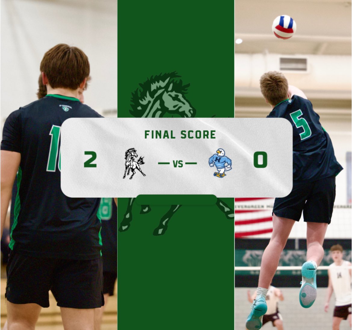 Evergreen Park picked up their 4th win in a row vs Hillcrest tonight 25-8, 25-3. The Mustangs are now 4-5 overall &amp; 1-0 in the SSC

Michael Bruno 6 aces 10 assists
Fionn Doherty 5 kills
Charlie Farrell 3 kills
Owen Brady  3 aces

The JV beat Hillcrest 25-14, 25-13 JV is 4-3, 1-0