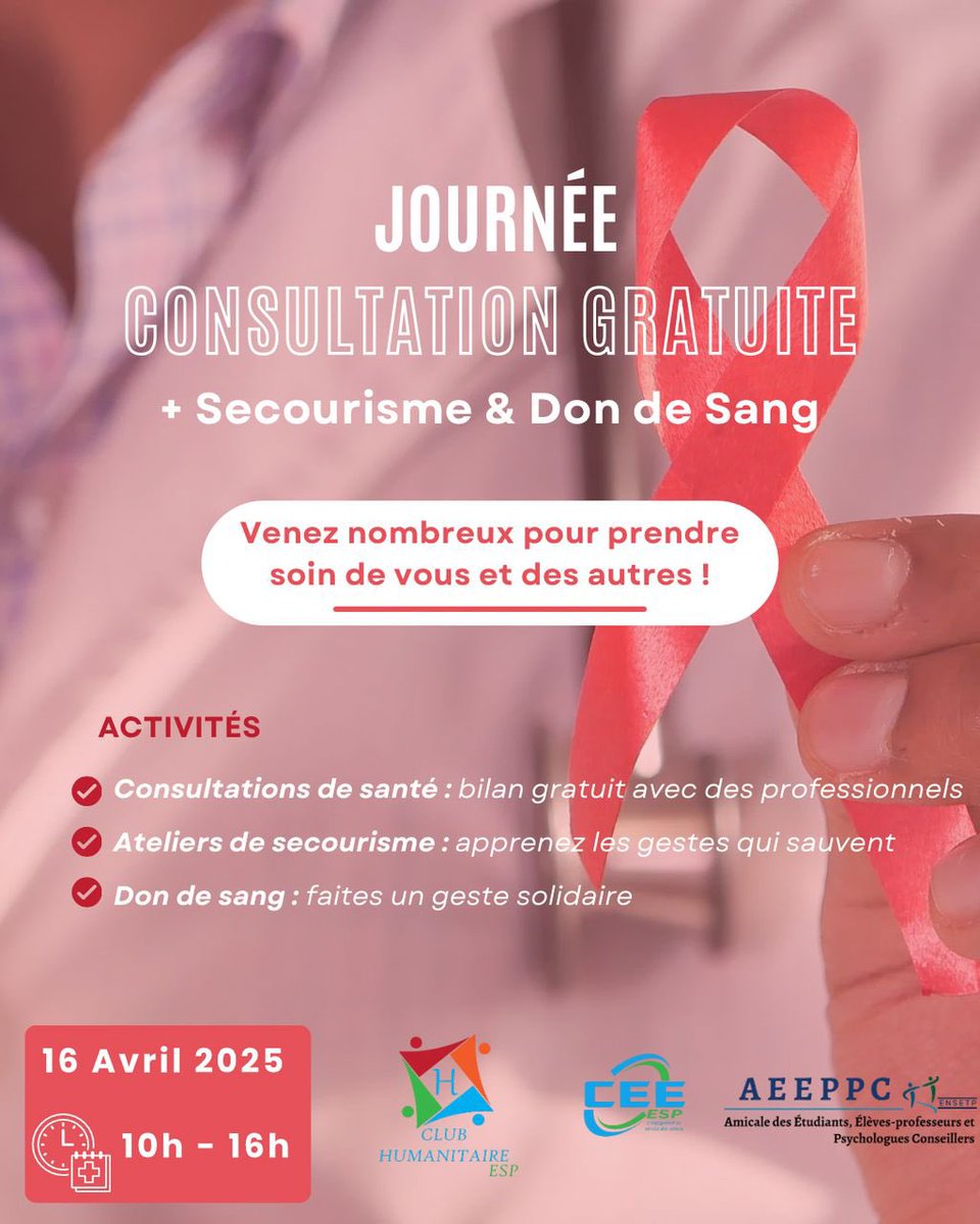 🩺 Une journée pour votre santé, celle des autre et bien plus encore 🤩!  
Rejoignez-nous ce 16 avril pour des consultations gratuites, des ateliers de secourisme et une collecte de sang💉 🩸
Parce que prendre soin, c’est aussi un acte d’amour ❤️!
#ClubHumanitaireESP #cee #ensetp
