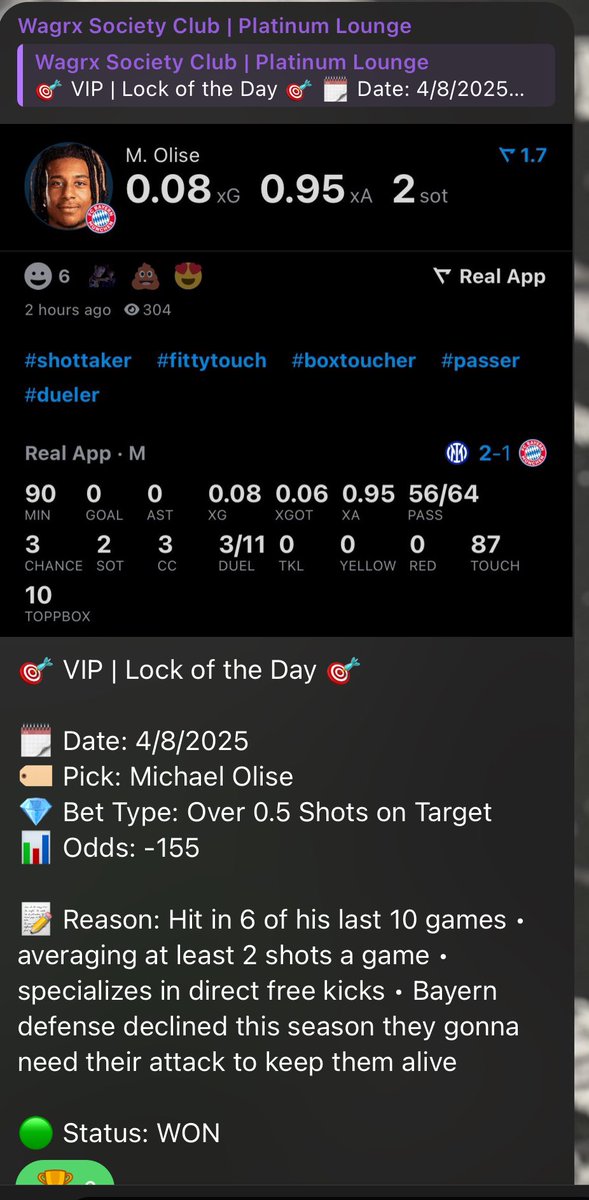 offpixs's tweet photo. Wagrx Society Club VIP = 2 for 2!
⚾️ NRFI (Cards vs Pirates) — ✅ WON
⚽️ Olise Over 0.5 SOT — ✅ WON

No sweat. Just sharp plays backed by data.
Join VIP and stop missing free cash
🔗 Link in bio

#WagrxSociety #VIPWinners #BetSmart #NRFI #SOT https://t.co/SVAA4Wi5j9